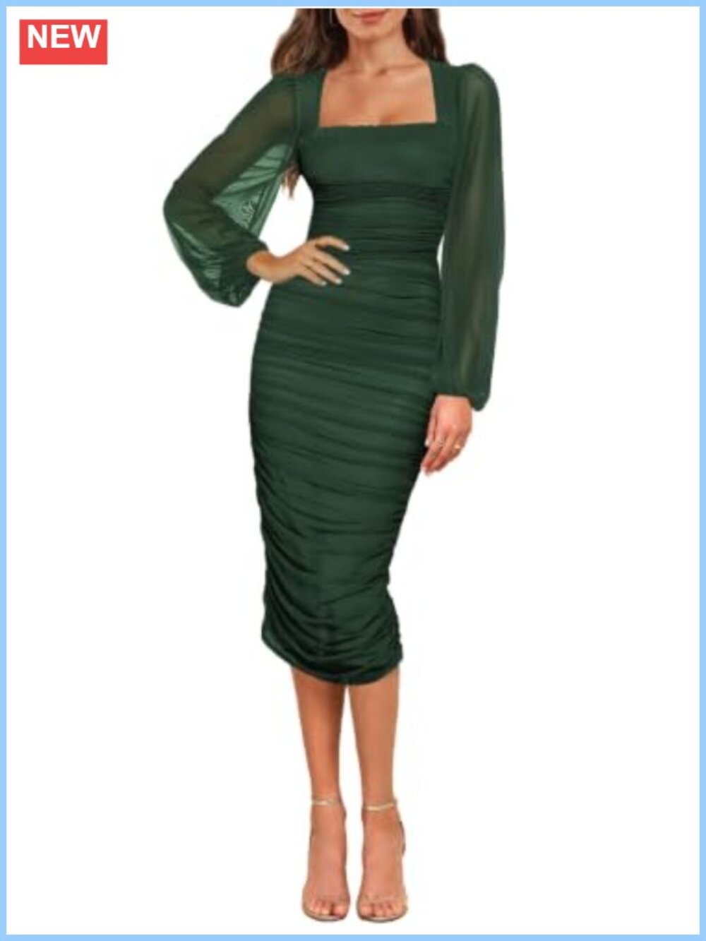 Women's Ruched Bodycon Mesh Midi Dress Puff Sleeve Square Neck Cocktail